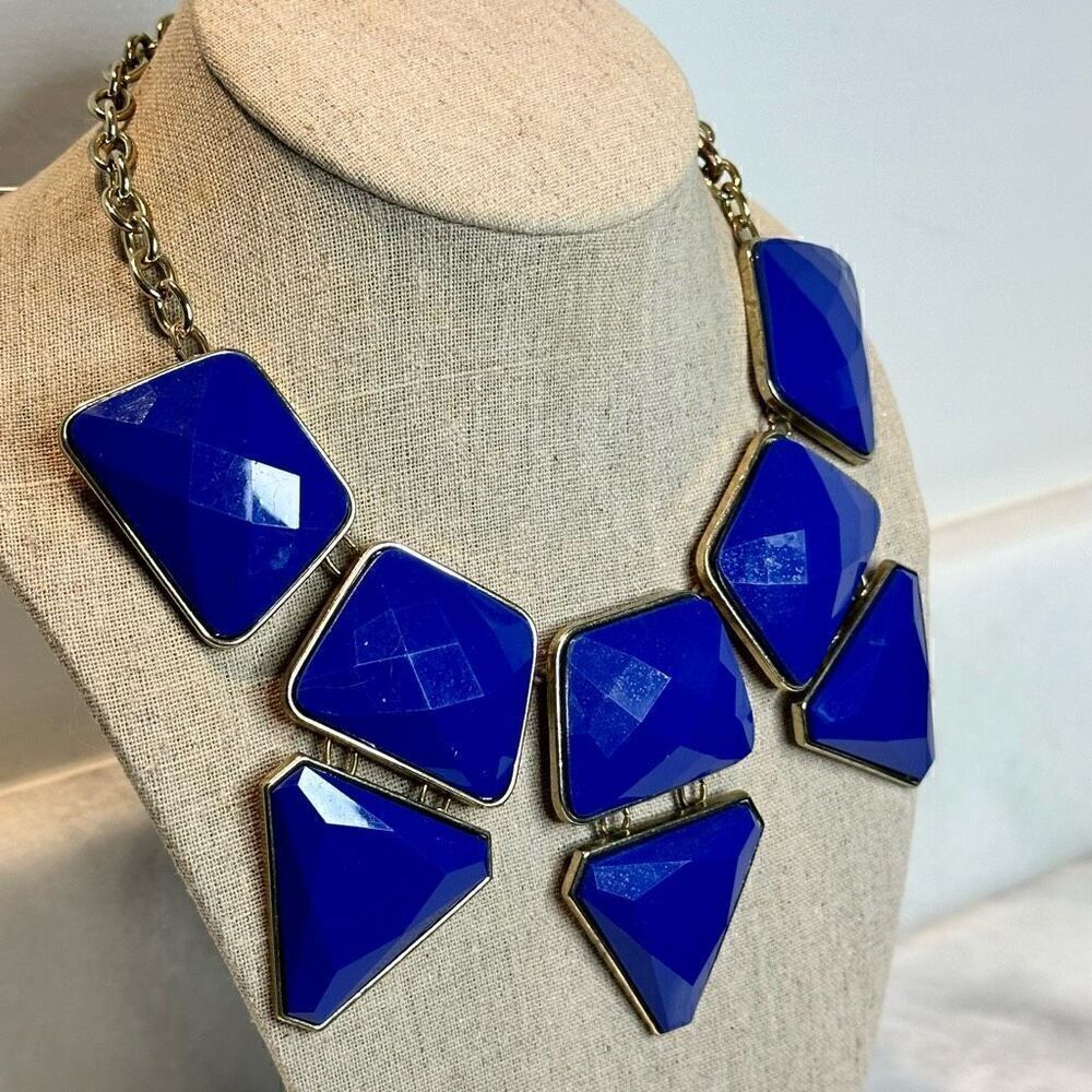 Vintage Express Geometric Chunky Stone Adjustable Statement Bib Necklace Blue OS - Picture 2 of 3